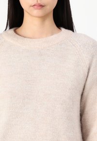 Hellbeige Pullover aus weichem, flauschigem Material. Hat einen Rundhalsausschnitt, Raglanärmel und eine subtile Textur ohne Muster.