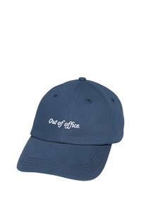 Niebieska bawełniana czapka baseballowa z zakrzywionym daszkiem, z białym haftem "out of office" z przodu. Gładka tekstura i sześciopanelowa konstrukcja.