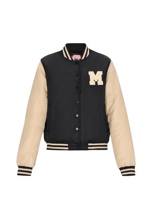 Giacca varsity nera e beige con bottoni a pressione, polsini e orlo a righe, con una "M" crema sul petto. Tessuto morbido.
