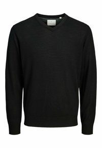 Black V-neck sweater made of soft knit fabric. Long sleeves with ribbed cuffs and hem. Simple design with no visible patterns or accents.