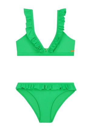 Set di bikini verde con rifiniture arricciate sulla parte superiore e inferiore, con scollatura profonda e colore uniforme.