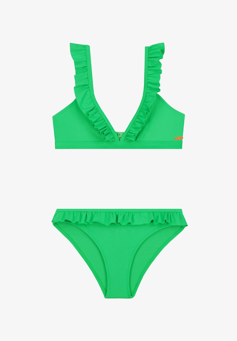 Zaļš bikiniju komplekts ar volānu apdari augšdaļā un apakšdaļā, dziļu izgriezumu un viendabīgu krāsu.