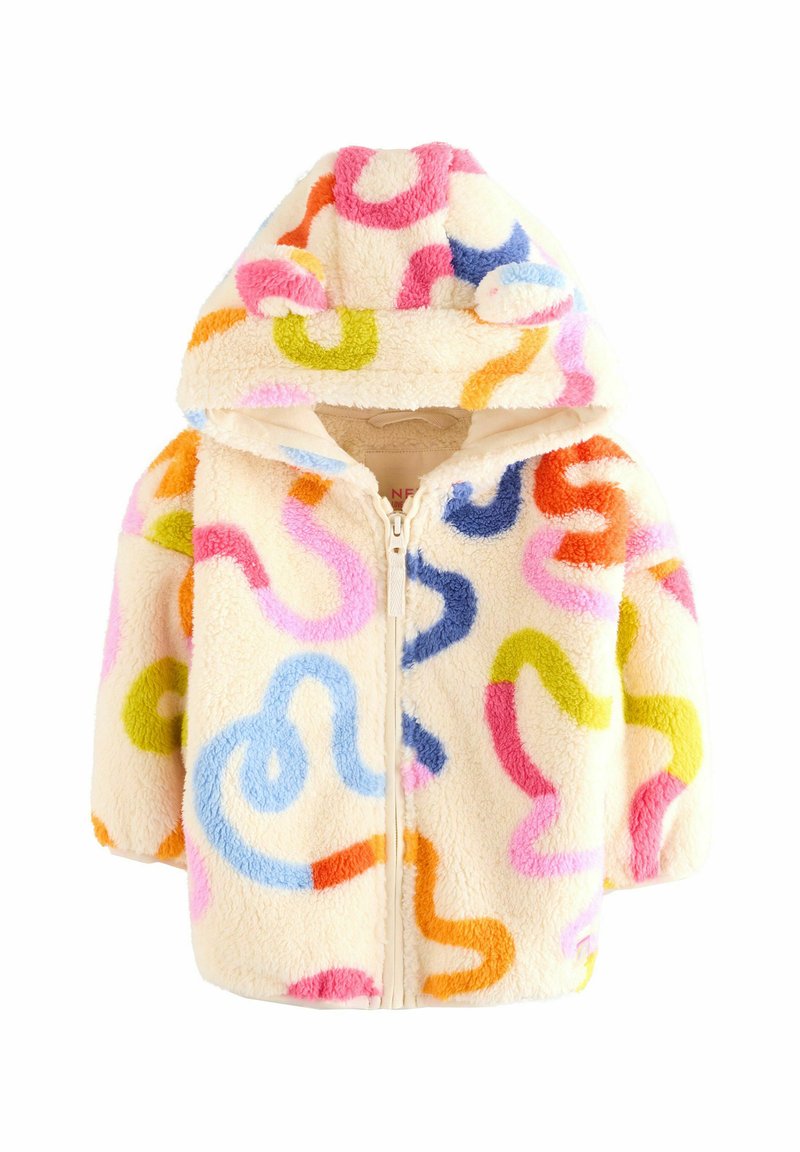 Hoodie zippé en crème floue avec des motifs abstraits colorés en rose, bleu, orange, vert et jaune. Comprend une capuche et une texture douce.