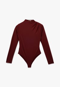 Burgundin pitkähihaisessa bodysuitissa on korkea kaulus, sivudrapee-koristelu ja thong-mallinen leikkuu, joka on valmistettu sileästä, joustavasta kankaasta.