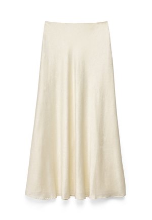 Midi krilo iz smetanastega satena s gladko teksturo in rahlo razširitvijo, ki visi ravno ob beli podlagi.