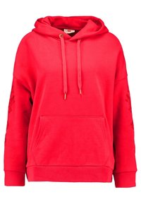 Sweat-shirt à capuche rouge avec poche kangourou à l'avant, capuche à cordon, poignets côtelés et broderie florale subtile sur les manches.