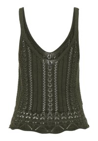 Top de punto sin mangas, verde olivo oscuro, con escote en V, textura acanalada, patrones de calados y dobladillo festoneado.