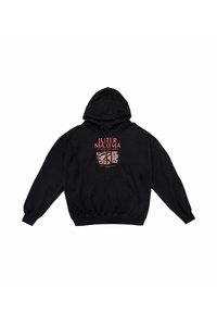 Felpa nera con cappuccio e maniche lunghe, Tasca frontale e testo grafico in rosso. Realizzata in materiale morbido con orlo e polsini a coste.