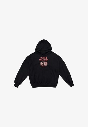 Felpa nera con cappuccio e maniche lunghe, Tasca frontale e testo grafico in rosso. Realizzata in materiale morbido con orlo e polsini a coste.