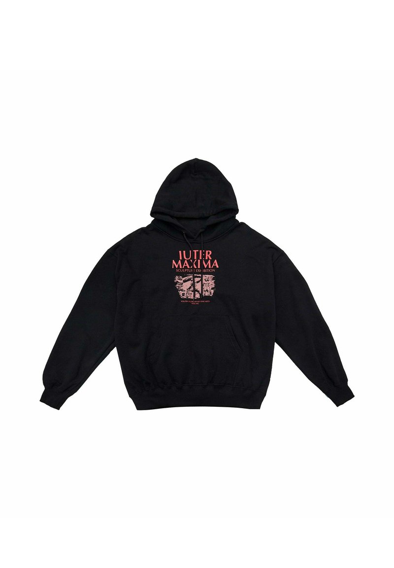 Felpa nera con cappuccio e maniche lunghe, Tasca frontale e testo grafico in rosso. Realizzata in materiale morbido con orlo e polsini a coste.