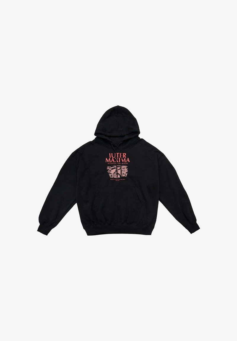 Felpa nera con cappuccio e maniche lunghe, Tasca frontale e testo grafico in rosso. Realizzata in materiale morbido con orlo e polsini a coste.