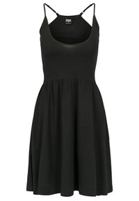 Svart ärmlös klänning med en figursydd överdel och utsvängd kjol. Tillverkad av mjukt tyg, med tunna justerbara axelband och rund halsringning.