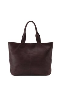 Dark burgundy leather tote bag with two sturdy handles, featuring a sleek, minimalist design and visible seam details.