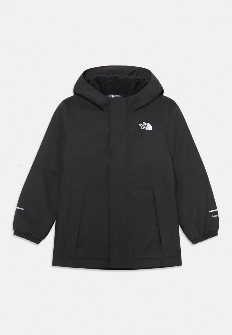 Schwarze wasserdichte Jacke mit Kapuze, ausgestattet mit einem weichen Fleece-Futter, großen Fronttaschen und reflektierenden Akzenten an den Ärmeln und dem Logo.