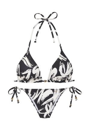 Black and white abstract print bikini with triangle top, halter neck ties, and side-tie bottoms featuring small gold bead details.