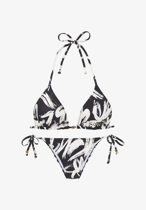 Schwarz-weißes abstraktes Print-Bikini mit Dreieck-Top, Neckholder-Bändern und seitlich gebundenen Slip mit kleinen goldenen Perlendetails.