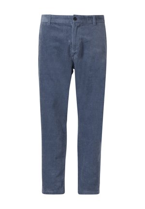 Blauwe corduroy broek met verticale strepen, voorzien van een knoopsluiting, riemlussen en taps toelopende pijpen. Glad textuur en zachte afwerking.