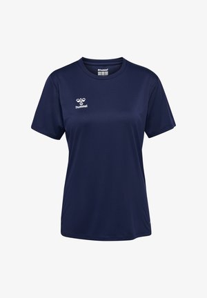 Navyblaues Sport-T-Shirt aus glattem, atmungsaktivem Material, mit kurzen Ärmeln und rundem Ausschnitt, mit einem weißen Logo auf der Brust.