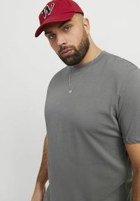Grå kortærmet t-shirt i et blødt, glat stof. Person bærer en rød kasket med et 'W' logo og en sølvhalskæde.