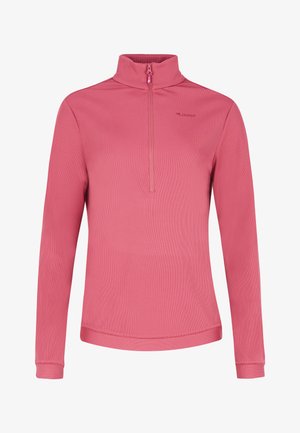 Růžový dlouhý rukáv pulover s vysokým límcem, se zipem až do poloviny vpředu a ribovanou strukturou. Logo vytištěné v horní levé části.