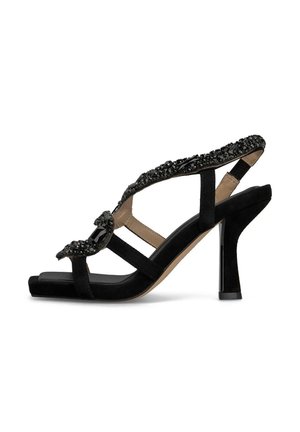 Zwarte suede high-heeled sandalen met versierde banden, open teenontwerp en een slanke, geometrische hak. Glad en textuurt accent.