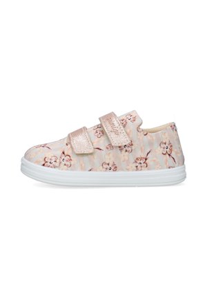 Scarpa da bambino bassa con motivo floreale rosa chiaro e due strisce di Velcro rosa lucido, su suola in gomma bianca.