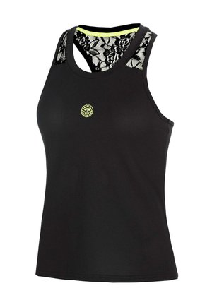 Zwarte mouwloze sporttop met bloemenkant achterpanelen en een klein geel rond logo op de borst.
