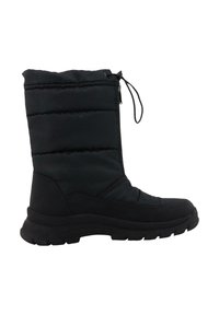 Botte d'hiver noire isolée avec un dessus matelassé, fermeture à lacets et une semelle en caoutchouc texturée pour une adhérence et une stabilité accrues.