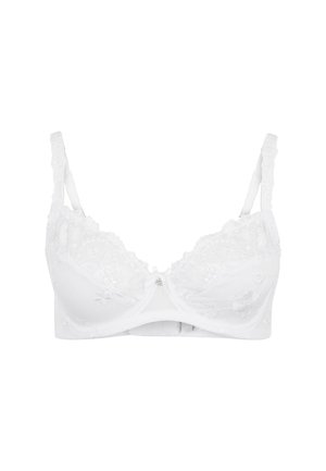 Hvid blonde bh med blomsterbroderi, justerbare stropper og en lille dekorativ charm i midten. Blødt materiale med et stilfuldt design.