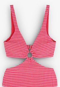Rood en roze gingham bikini top met brede banden, een centrale ronde uitsnede en metalen sluiting. Textuurstof.