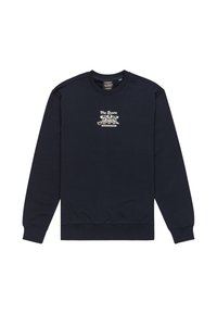 Sudadera azul marino con cuello redondo, puños y dobladillo acanalados. Presenta una impresión gráfica blanca con el logo de "The Doors" en el pecho.