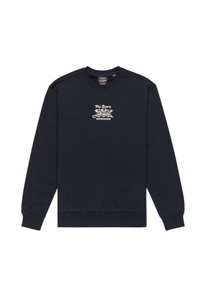 Marineblauer Pullover mit Rundhalsausschnitt, Rippbündchen und Saum. Mit einem weißen Grafikdruck mit dem Logo "The Doors" auf der Brust.