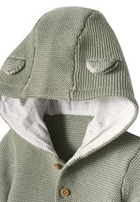 Grüne gestrickte Jacke mit Kapuze und Knopfverschluss, ausgestattet mit kremfarbener Fütterung mit kleinen grünen Punkten und strukturierten Ohrakzenten an der Kapuze.