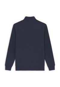 Námořnická modrá mikina s dlouhými rukávy, vysokým límcem, žebrovanými manžetami a hladkou texturou. Má čistý, minimalistický design bez log.