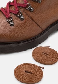 Bota de senderismo de cuero marrón con superficie texturizada, ojales metálicos y cordones burdeos. Dos cordones marrones en espiral están situados al lado de la bota.