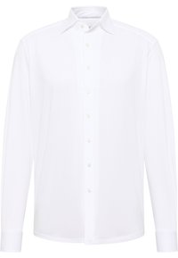 Witte lange mouwen knoopshirt van gladde stof. Bevat een puntkraag, een voorste sluiting met zes knopen en manchetten.