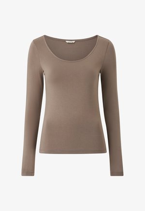 Langärmliges Oberteil in einem hellbraunen Farbton, mit Rundhalsausschnitt und glattem, enganliegendem Design aus weichem, dehnbarem Material.