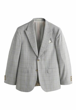Light gray plaid men's blazer with notch lapels, two front flap pockets, two buttons, and a white pocket square on the left chest pocket.