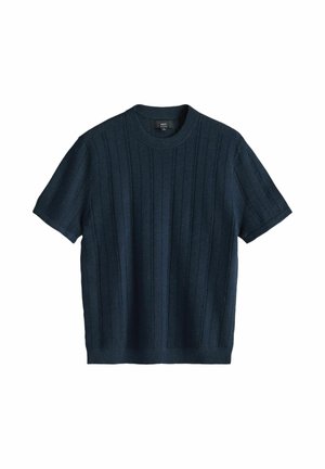 Marineblauer kurzärmeliger Strickpullover mit vertikalem Rippmuster und rundem Ausschnitt, Unisex-Stil.