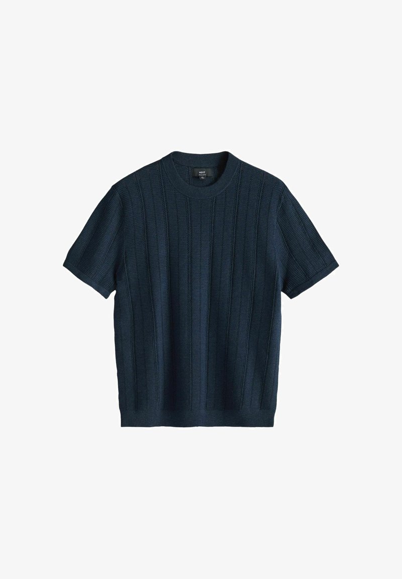 Mørkeblå strikket sweater med korte ærmer, lodret ribbet mønster og rund halsudskæring, unisex stil.