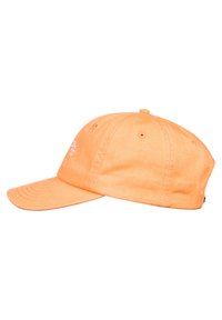 Baseball cap in vibrant orange fabric, featuring a curved brim and stitched detailing. Includes ventilation holes and a button on top.