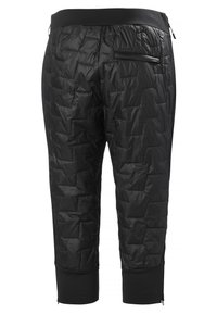 Zwarte, gewatteerde crop-pantalons met een gladde, glanzende textuur. Voorzien van een elastische tailleband en ritszakken voor functionaliteit.