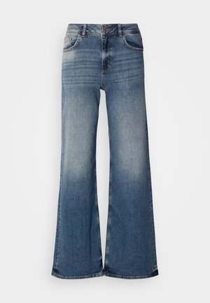 Lyseblå denim bukser med vid ben, høy midje, falmede områder, klassisk fem-lommers design, og oppriftede nederkantsdetaljer.