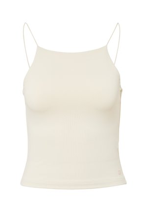 Cremefarbene Tanktop mit dünnen, verstellbaren Trägern, engem Schnitt und glatter Textur. Enthält ein kleines Logo am Saum.