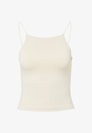 Cremefarbene Tanktop mit dünnen, verstellbaren Trägern, engem Schnitt und glatter Textur. Enthält ein kleines Logo am Saum.