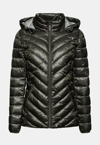 Mörkgrön pufferjacka med ett chevronmönster, zippered front, hög krage och grå innervelour. Har avpassade manschetter och en snygg finish.