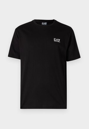 Black cotton t-shirt with short sleeves, crew neck, and small white EA7 logo on the left chest. Smooth texture, regular fit.