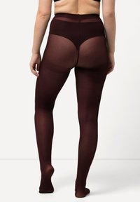 Burgunderfarbene semi-opaque Strumpfhosen mit hohem Bund, glatter Textur und Fußdesign, versehen mit einem transparenten Detail am oberen Rücken.