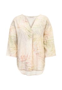 Blusa leggera con scollo a V, maniche 3/4 e motivo di foglie di palma pastello in tonalità di rosa, verde e beige. Tessuto morbido e testurizzato.