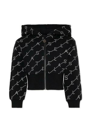 Felpa nera crop con cerniera integrale, polsini e orlo a costine, decorata con motivo a testo puntinato bianco diagonale.